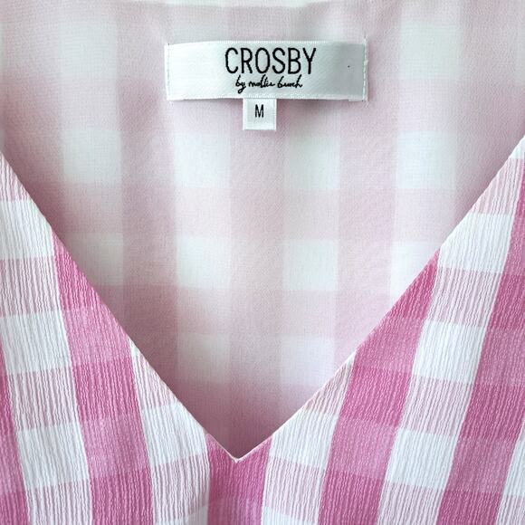 CROSBY Mollie Burch Jackie Puff Sleeve V-neck Top Medium Pink White Gingham - Picture 6 of 10